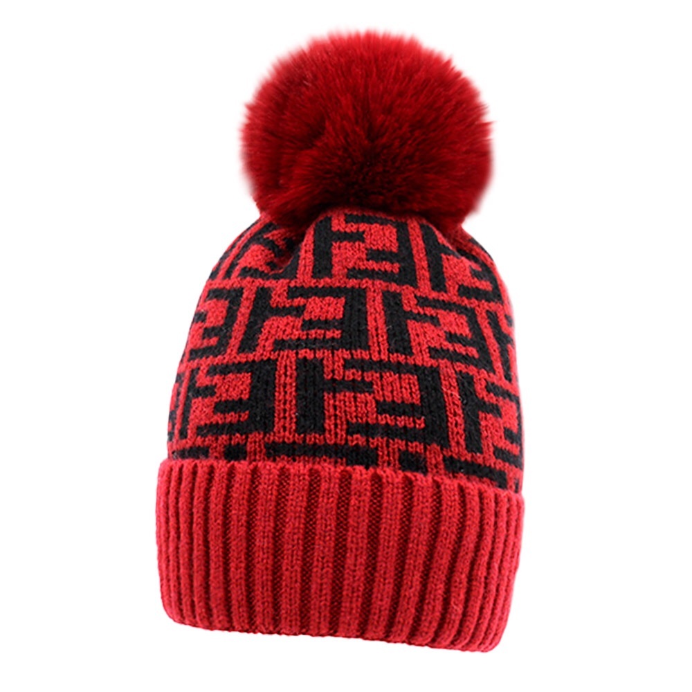 Black Greek Geometric Patterned Pom Pom Beanie Hat